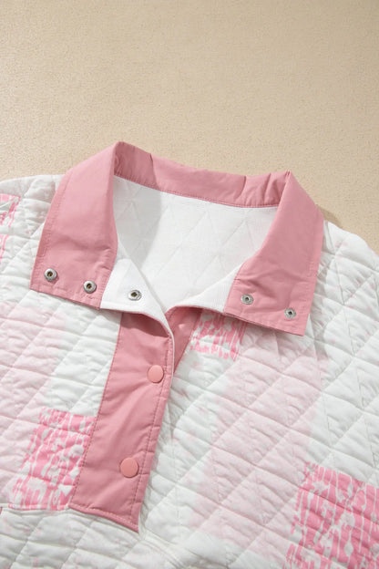 Pink Floral Quilted Half Button Pocketed Pullover Sweatshirt