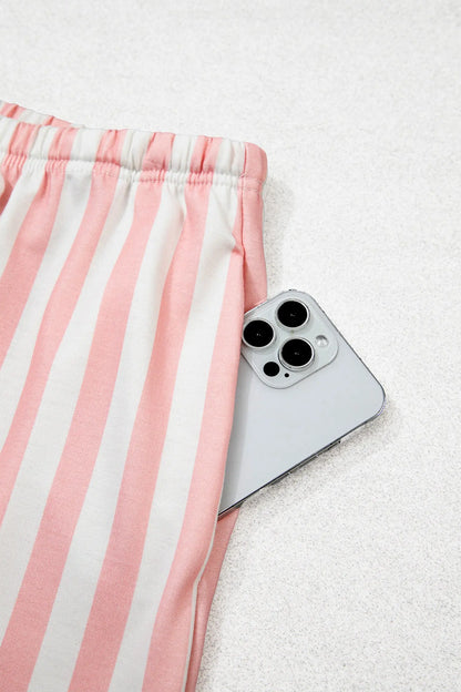 Gossamer Pink Striped Color Block Pullover Top Drawstring Shorts Set