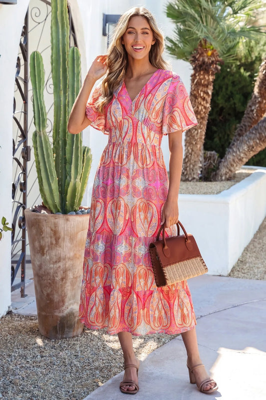 Multicolour Paisley Print V-Neck Short Sleeve Boho Maxi Dress with Ruffle Details Nataliz