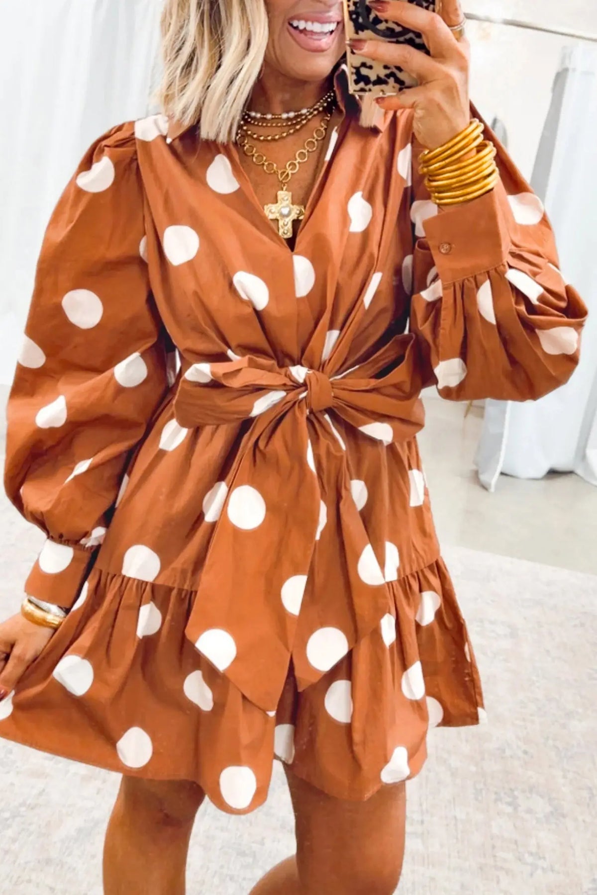 Brown Polka Dot Long Sleeve Tie Waist Casual Shift Mini Dress model front view · nz-alt-v1