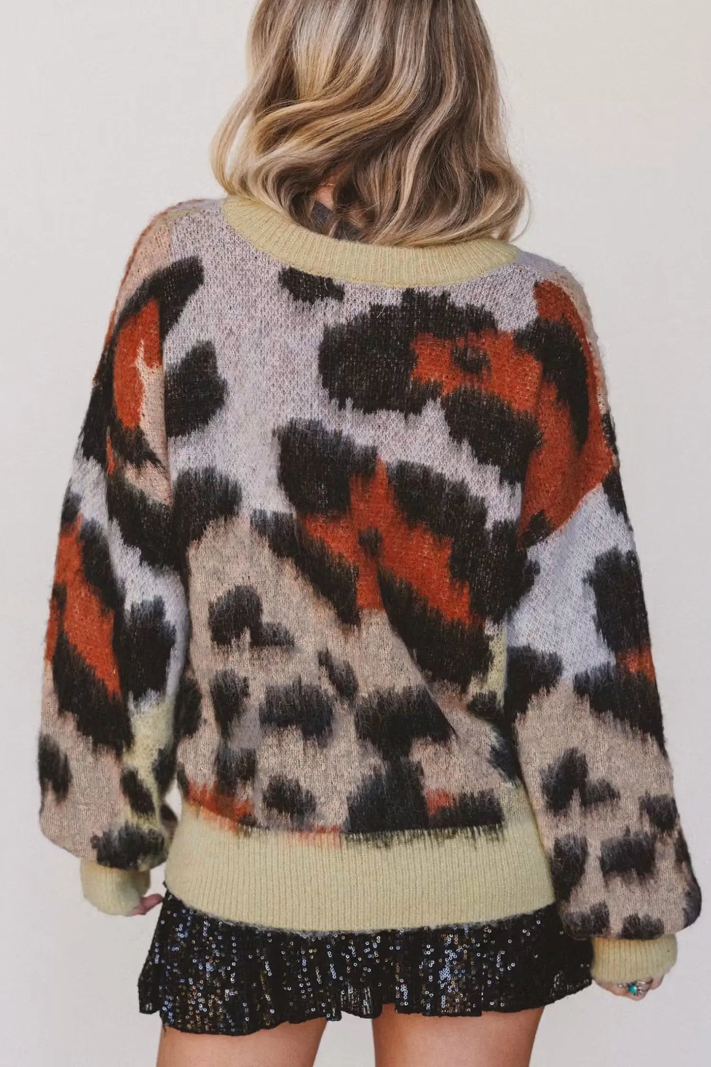 Khaki Leopard Print Drop Shoulder Long Sleeve Round Neck Sweater