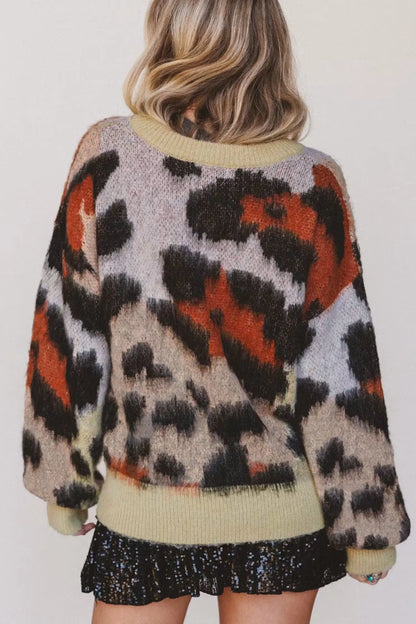 Khaki Leopard Print Drop Shoulder Long Sleeve Round Neck Sweater