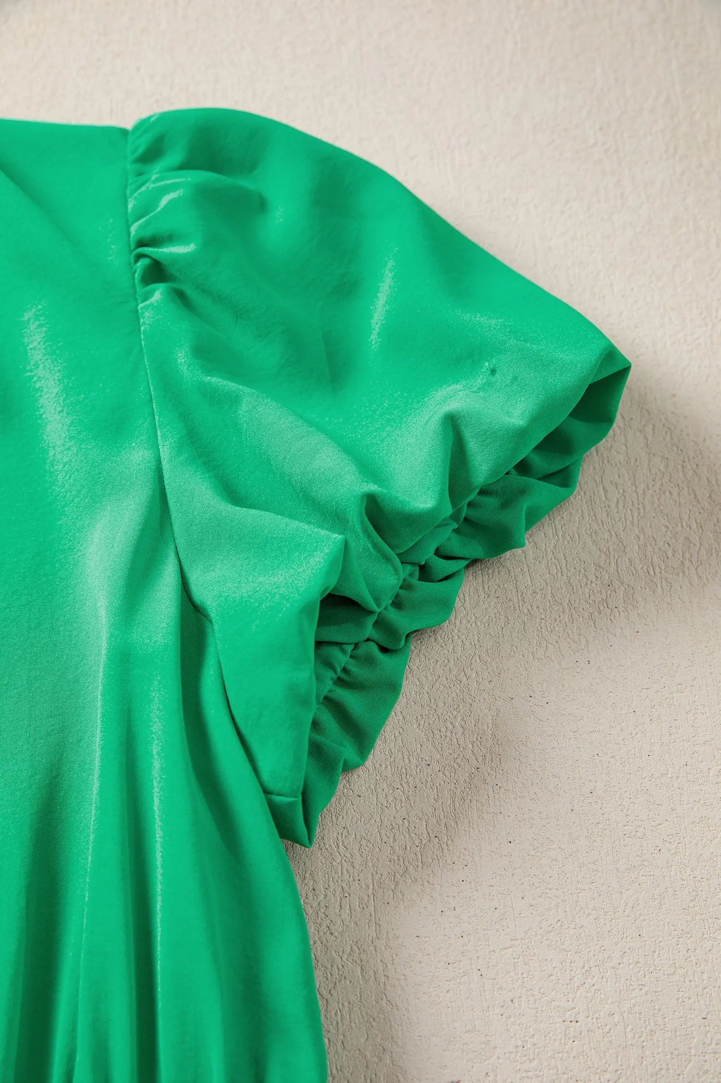 Bright Green Solid Color V Neck Short Puff Sleeve High Waist Tiered Maxi Dress - Casual Dresses