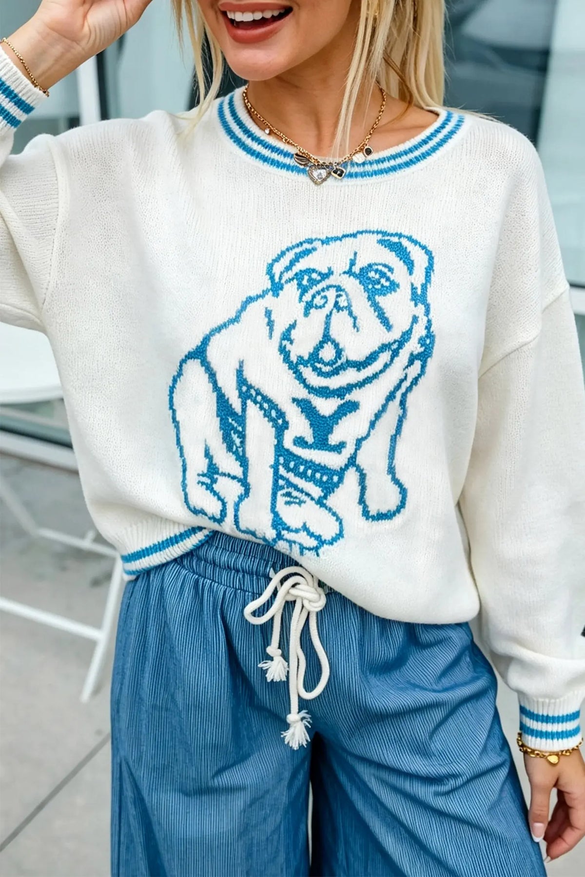 Light blue bulldog contrast trim round neck casual sweater model front view · nz-alt-v1