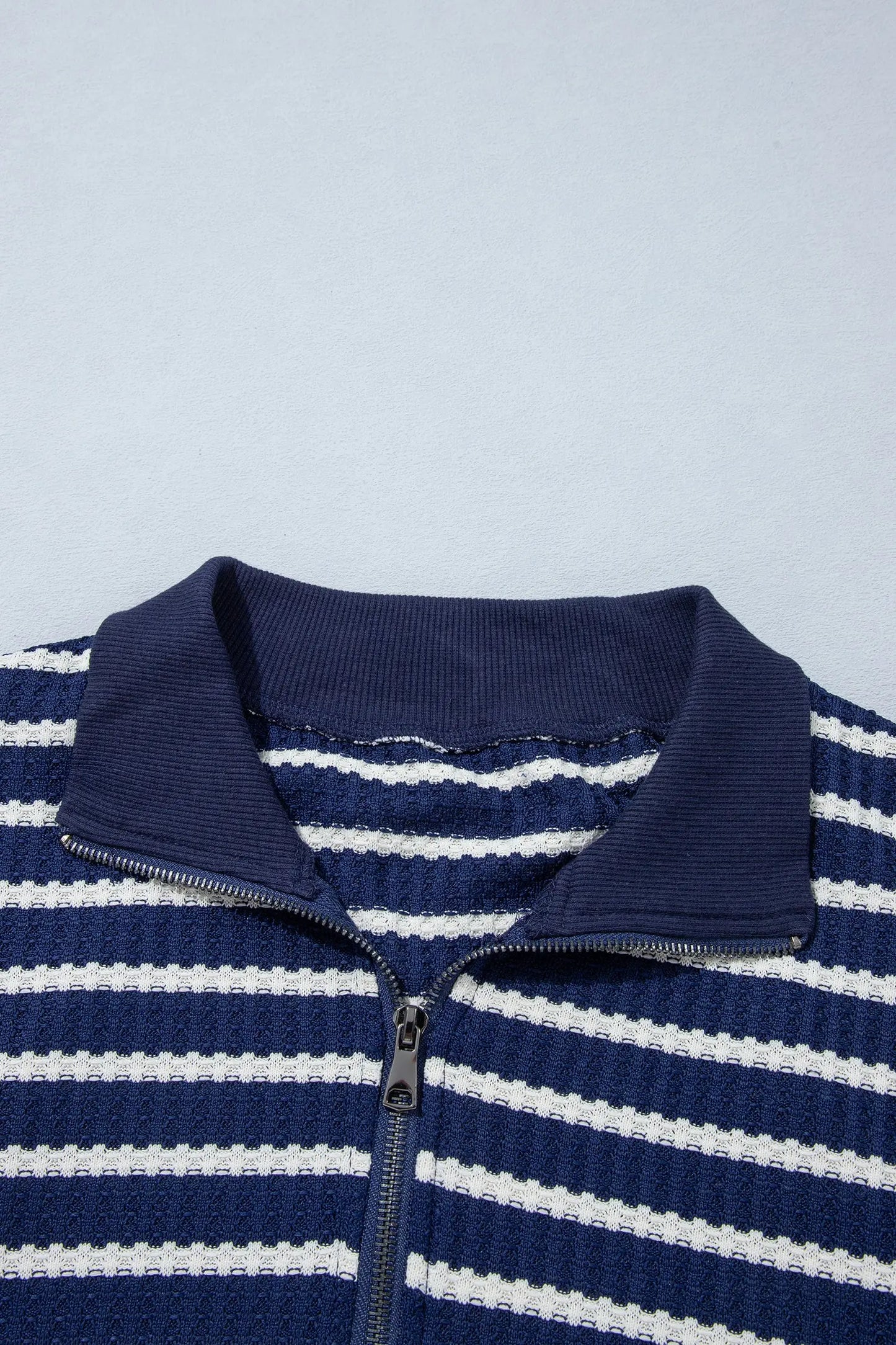 Blue Stripe Textured Knit Half Zip Collared Long Sleeve Top