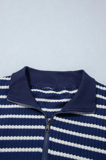 Blue Stripe Textured Knit Half Zip Collared Long Sleeve Top