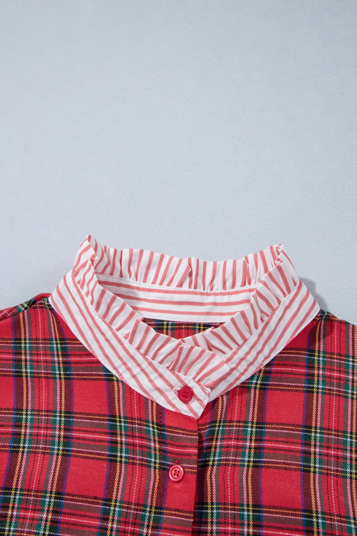 Red Plaid Striped V Neck Collar Cuff Details Shift Plus Size Dress
