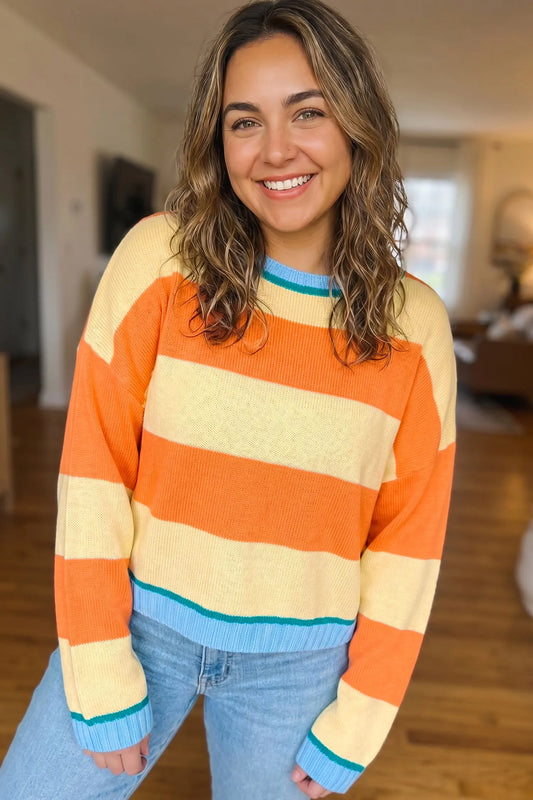 Yellow Stripe Colorblock Round Neck Long Sleeve Oversized Plus Size Sweater model front view · nz-alt-v1