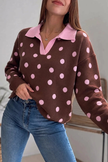 Pink Polka Dot Pattern Color Block Collared Loose Pullover Sweater