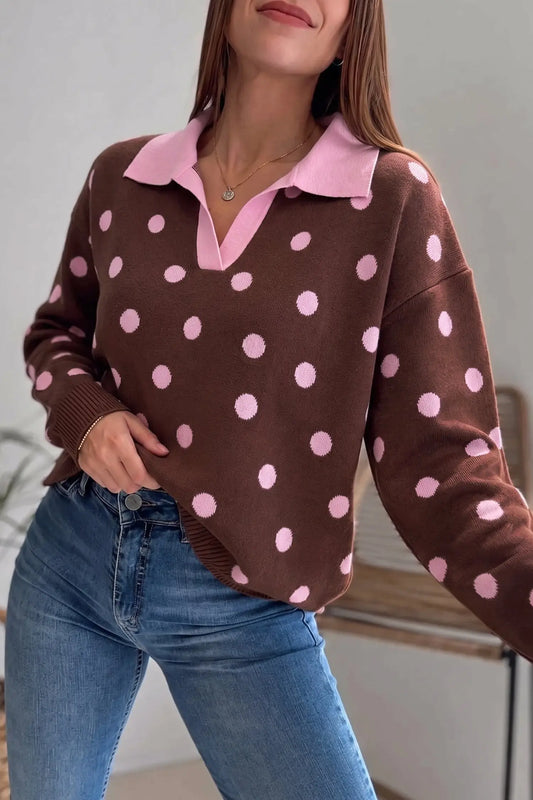 Pink polka dot pattern color block collared loose pullover sweater model front view · nz-alt-v1