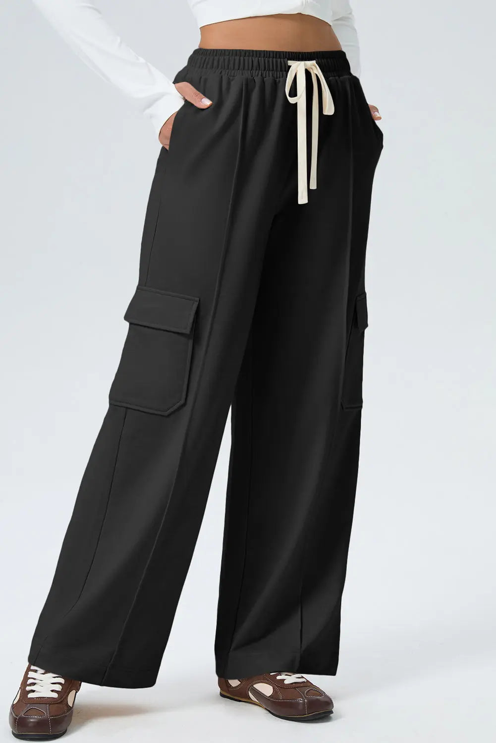 Black Solid Color Drawstring Elastic Waist Cargo Patch Pocket Active Pants