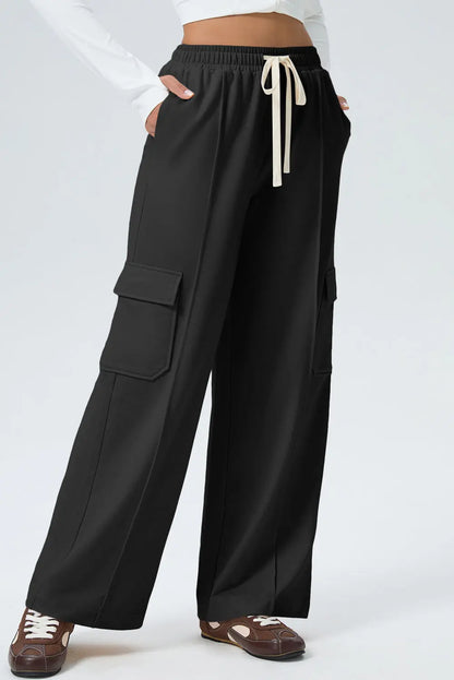 Black Solid Color Drawstring Elastic Waist Cargo Patch Pocket Active Pants