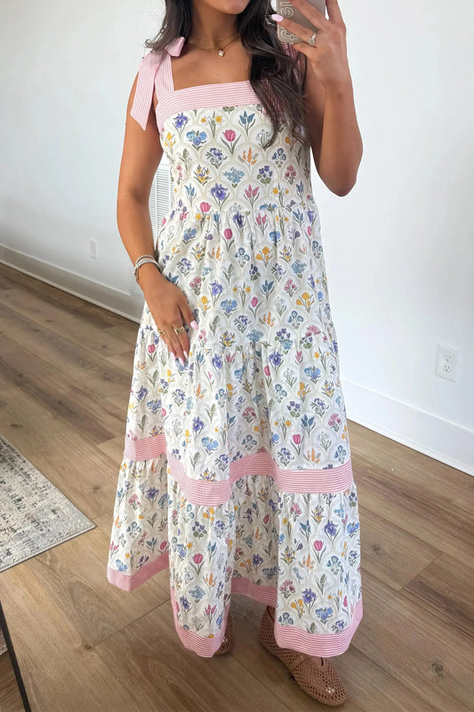 Multicolour Floral Print Striped Detail Knot Straps Maxi Dress model front view · nz-alt-v1