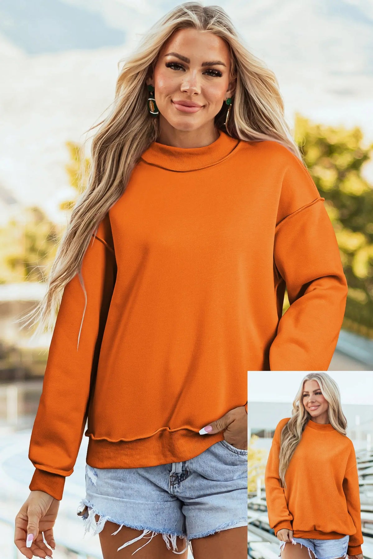 Bluing Oversize Drop Shoulder Reversible Mock Neck Sweatshirt