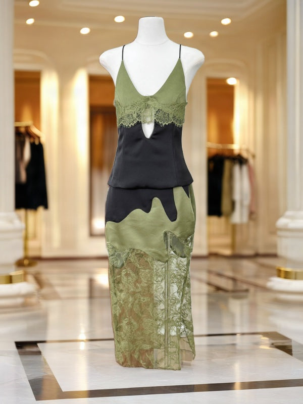 Olive and Black Lace Trim Cami Top and Midi Skirt Set mannequin view · nz-bg-v1