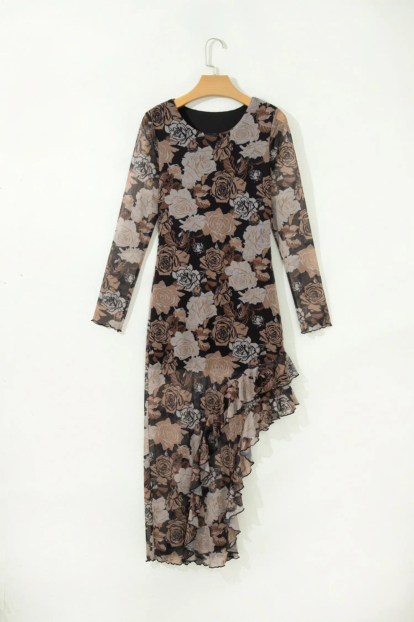 Black Floral Long Sleeve Asymmetric Ruffle Split Hem Mesh Dress