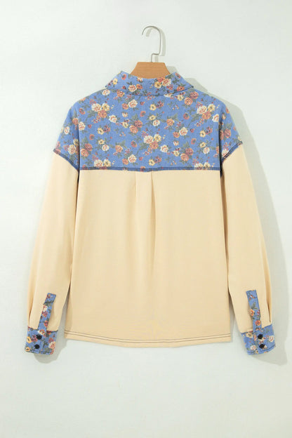 Apricot Floral Denim Patchwork Collar V Neck Long Sleeve Pullover Top