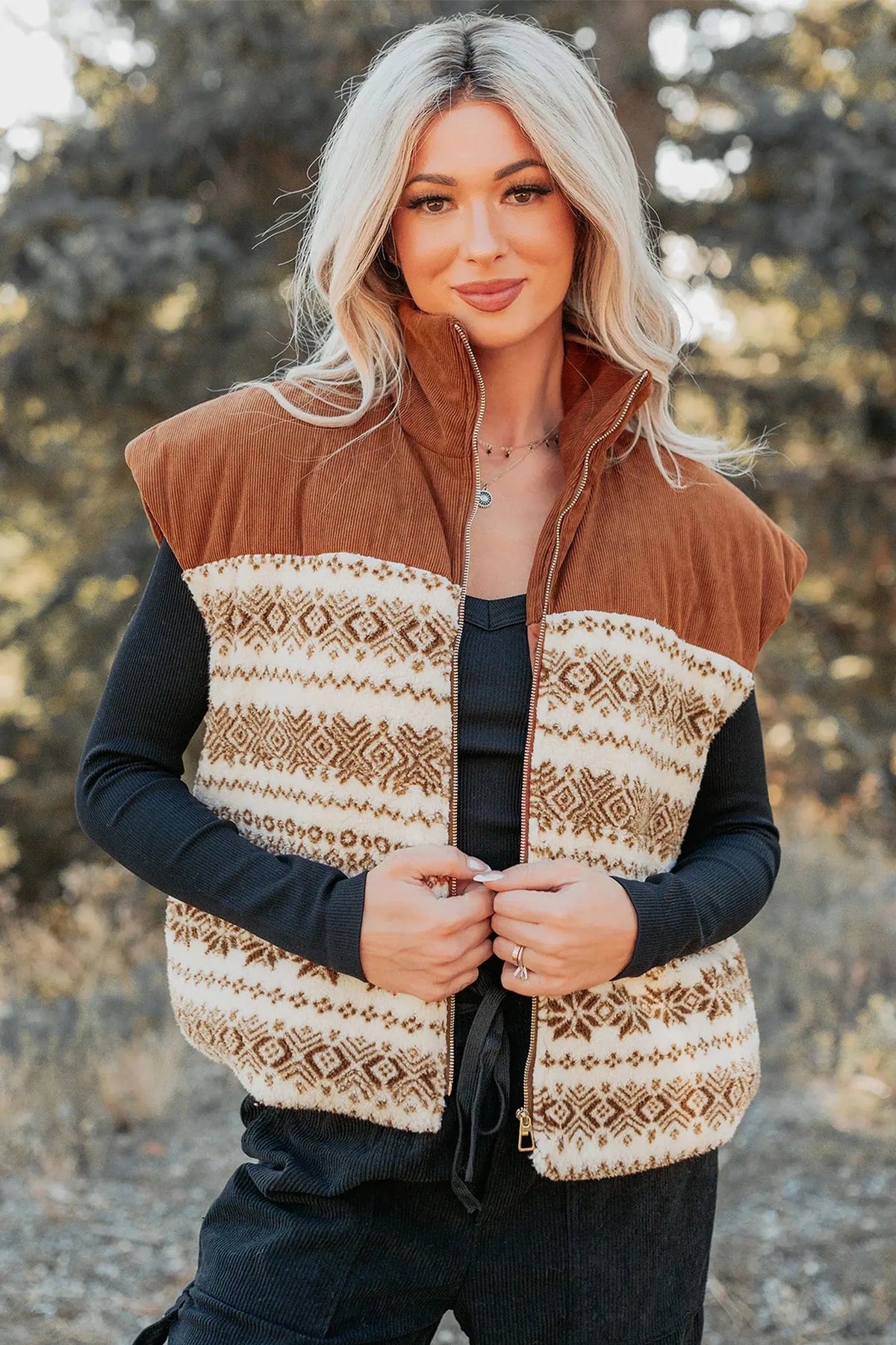 Brown geometric print fleece zipper collar vest model front view · nz-alt-v1