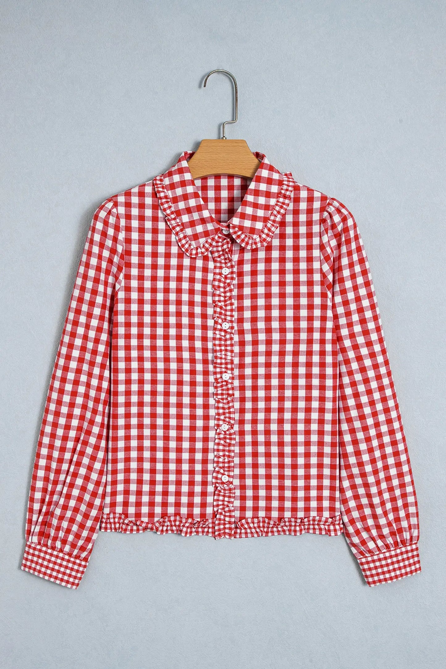 Red Plaid Long Sleeve Button Down Frill Detail Casual Shirt
