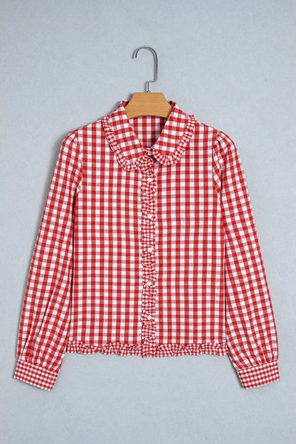 Red Plaid Long Sleeve Button Down Frill Detail Casual Shirt