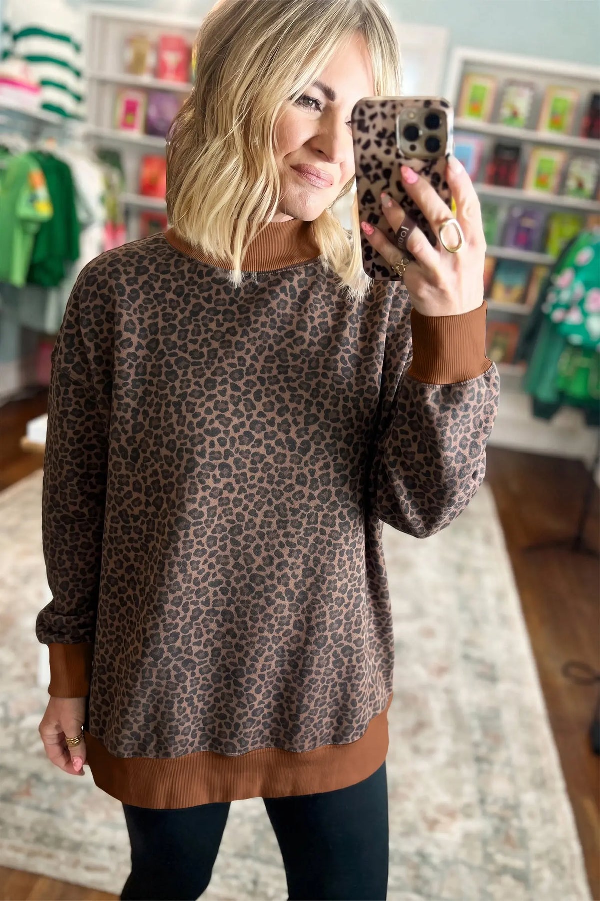 Brown Leopard Print High Neck Long Sleeve Ribbed Cuffs Hem Sweatshirt