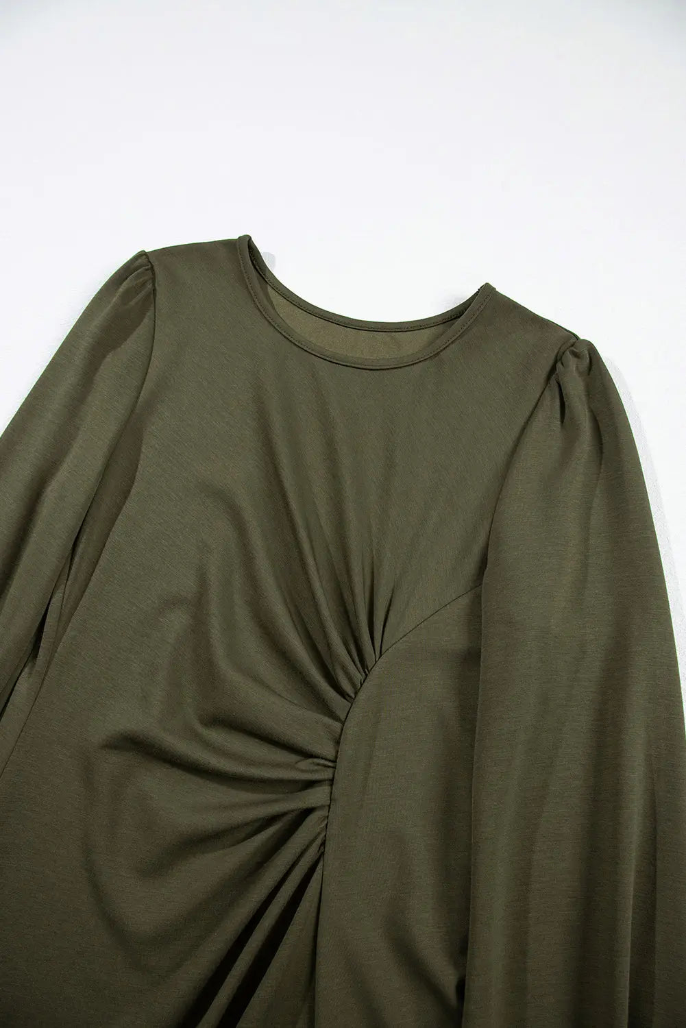 Jungle Green Solid Color Ruched Detail Long Sleeve Midi Dress