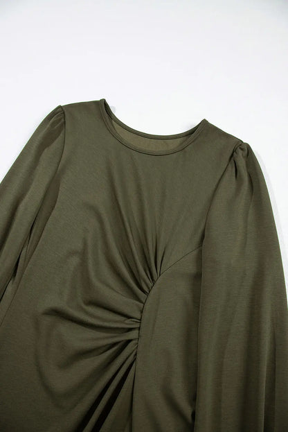 Jungle Green Solid Color Ruched Detail Long Sleeve Midi Dress
