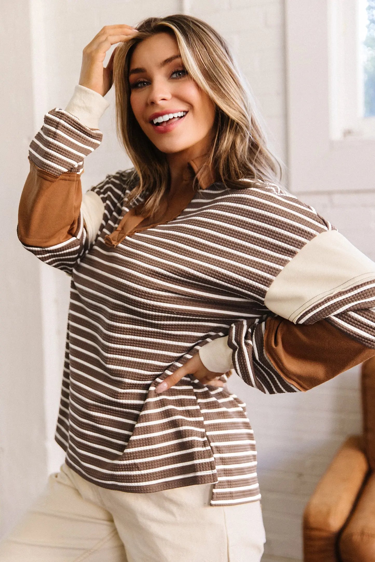 Brown Stripe Collar V Neck Color Block Detail Long Sleeve Pullover Top