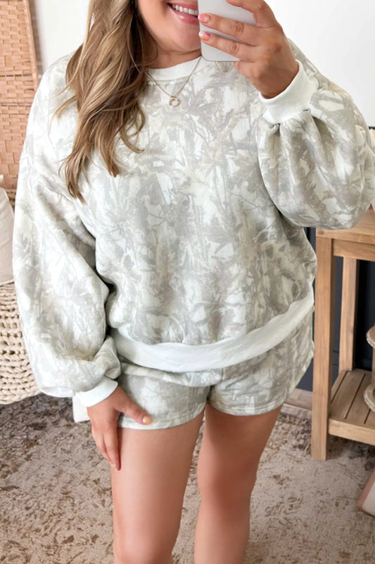 Beige woodland camo print pullover and shorts plus size set model front view · nz-alt-v1