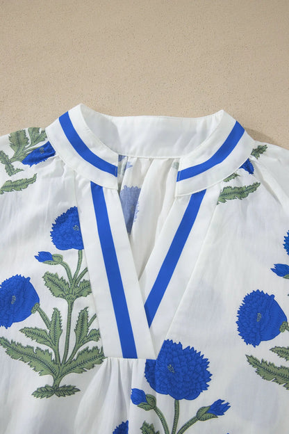 Sky Blue Casual Wild Flower Print V Neck 3/4 Sleeve Blouse Nataliz