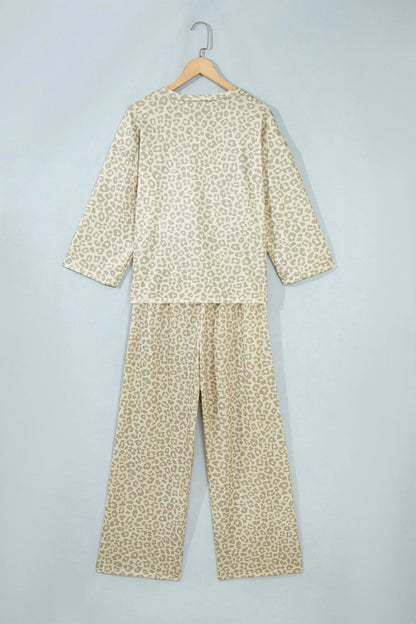 Apricot Leopard Print Varsity Striped Detail 3/4 Sleeve Top Shift Pant Set