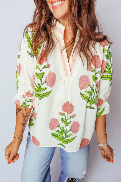 Sky Blue Casual Wild Flower Print V Neck 3/4 Sleeve Blouse Nataliz
