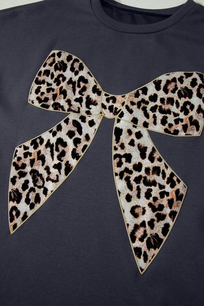 White Contrast Leopard Bow Patched Short Sleeve T Shirt Long Dress - Casual Dresses