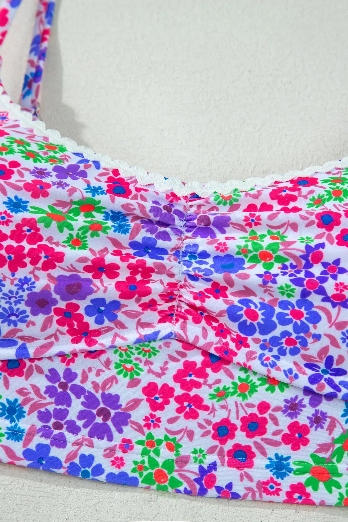 Purple Floral Print Lace Trim Spaghetti Strap Ruched Bikini High Waist Swimsuit