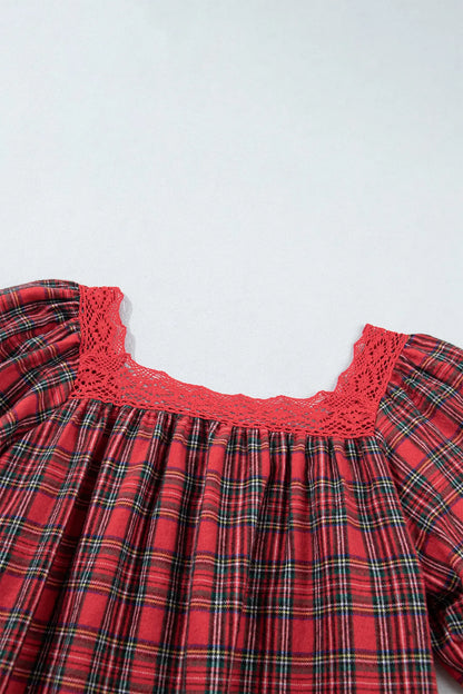 Red Plaid Square Collar Lace Trim Short Sleeve Shift Mini Dress