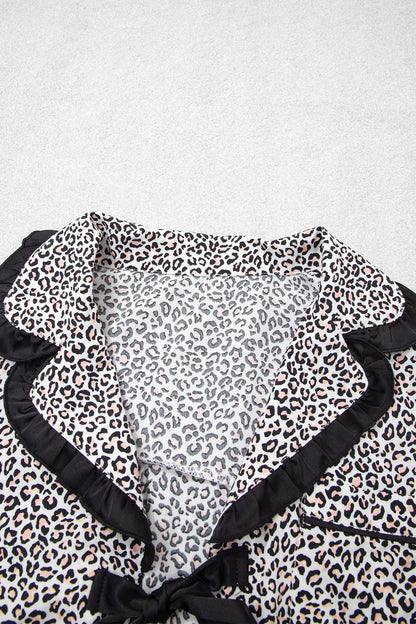Brown Leopard Print Bow Knot Patchwork Long Sleeve Lounge Set