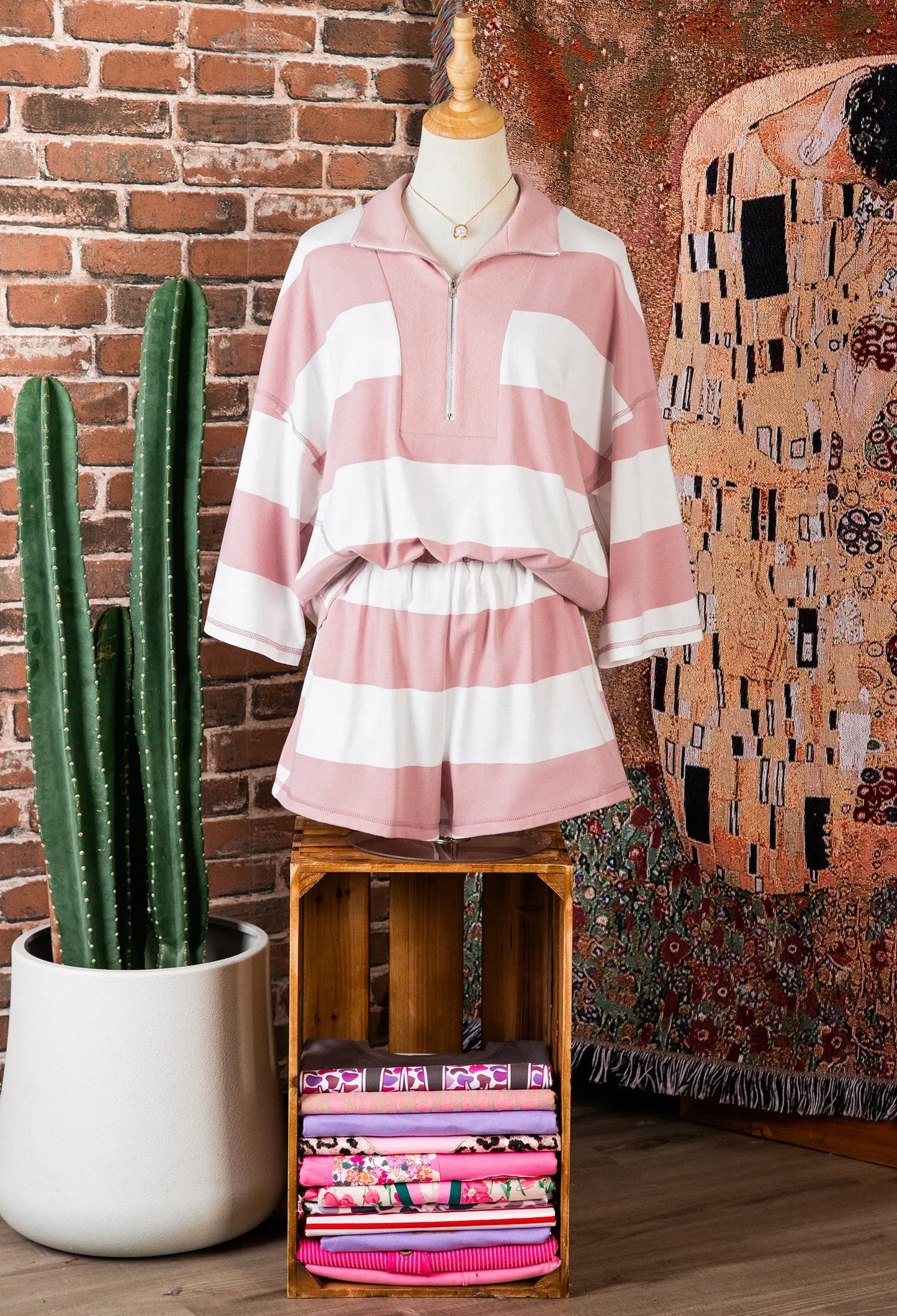 Pink Stripe Half Zip Bracelet Sleeve Top Casual Short Set
