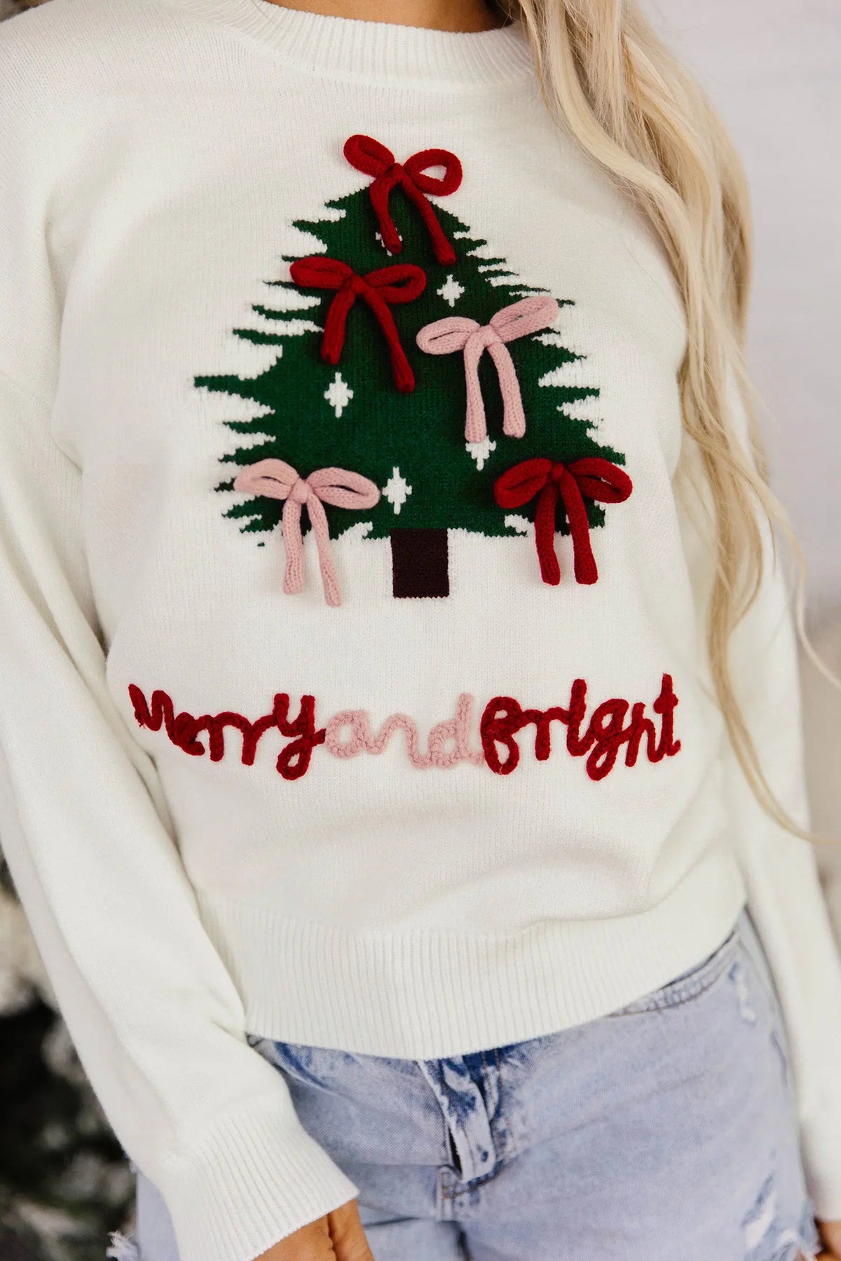 White Christmas Tree Bow Drop Shoulder Knit Sweater detail view · nz-alt-v1