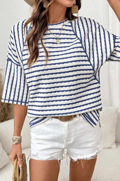 Brown Stripe Textured Knit Split Hem Half Sleeve Loose Top Nataliz