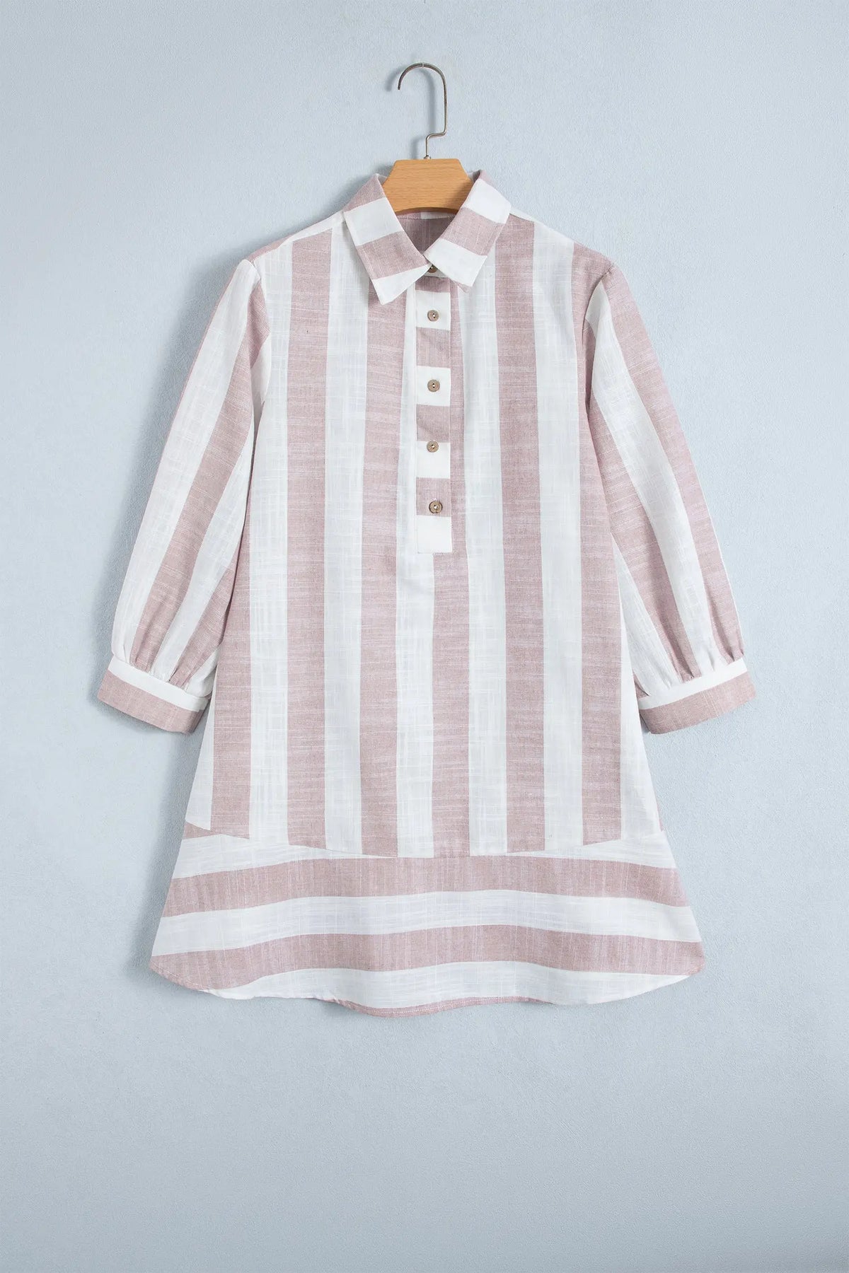 Khaki Stripe Button-Up Three-Quarter Sleeve Shift Dress hanging view · nz-alt-v1