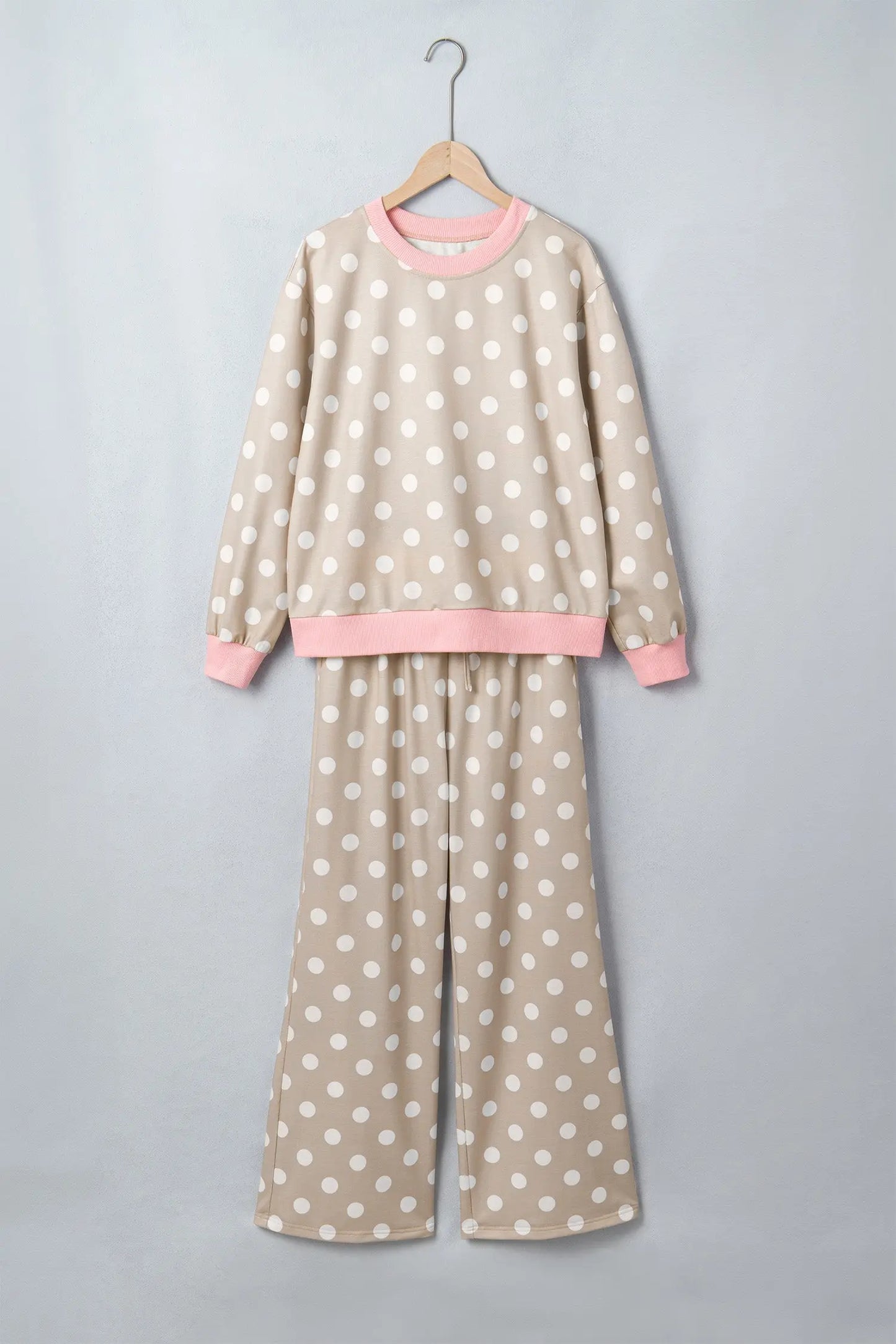 Khaki Polka Dot Contrast Trim Long Sleeve Top Drawstring Shift Pants Set