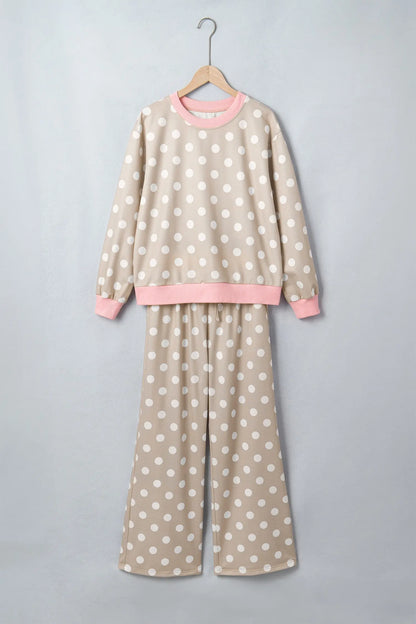 Khaki Polka Dot Contrast Trim Long Sleeve Top Drawstring Shift Pants Set
