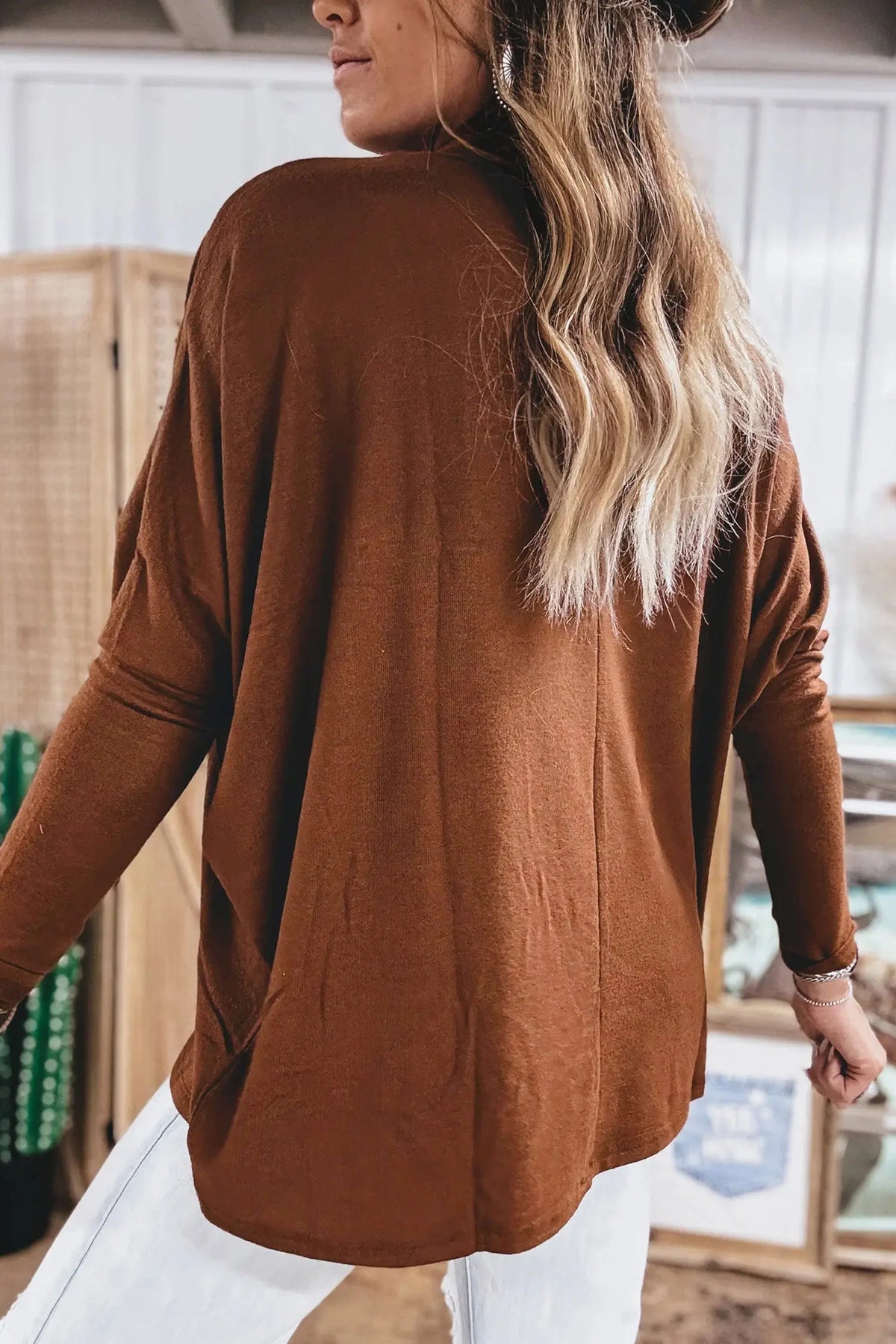 Red Sandalwood High Neck Long Sleeve Top model back view · nz-alt-v1