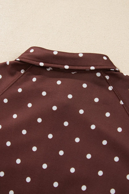 Pink Polka Dot Print Metal Button Collar Casual Pullover Sweatshirt