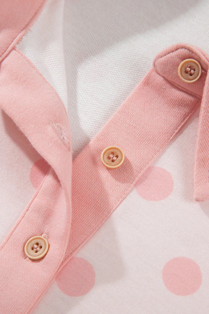 Pink Polka Dot Drop Shoulder Polo Loose Pullover Patch Pocket Casual Shorts Set