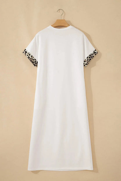 White Contrast Leopard Bow Patched Short Sleeve T Shirt Long Dress - Casual Dresses