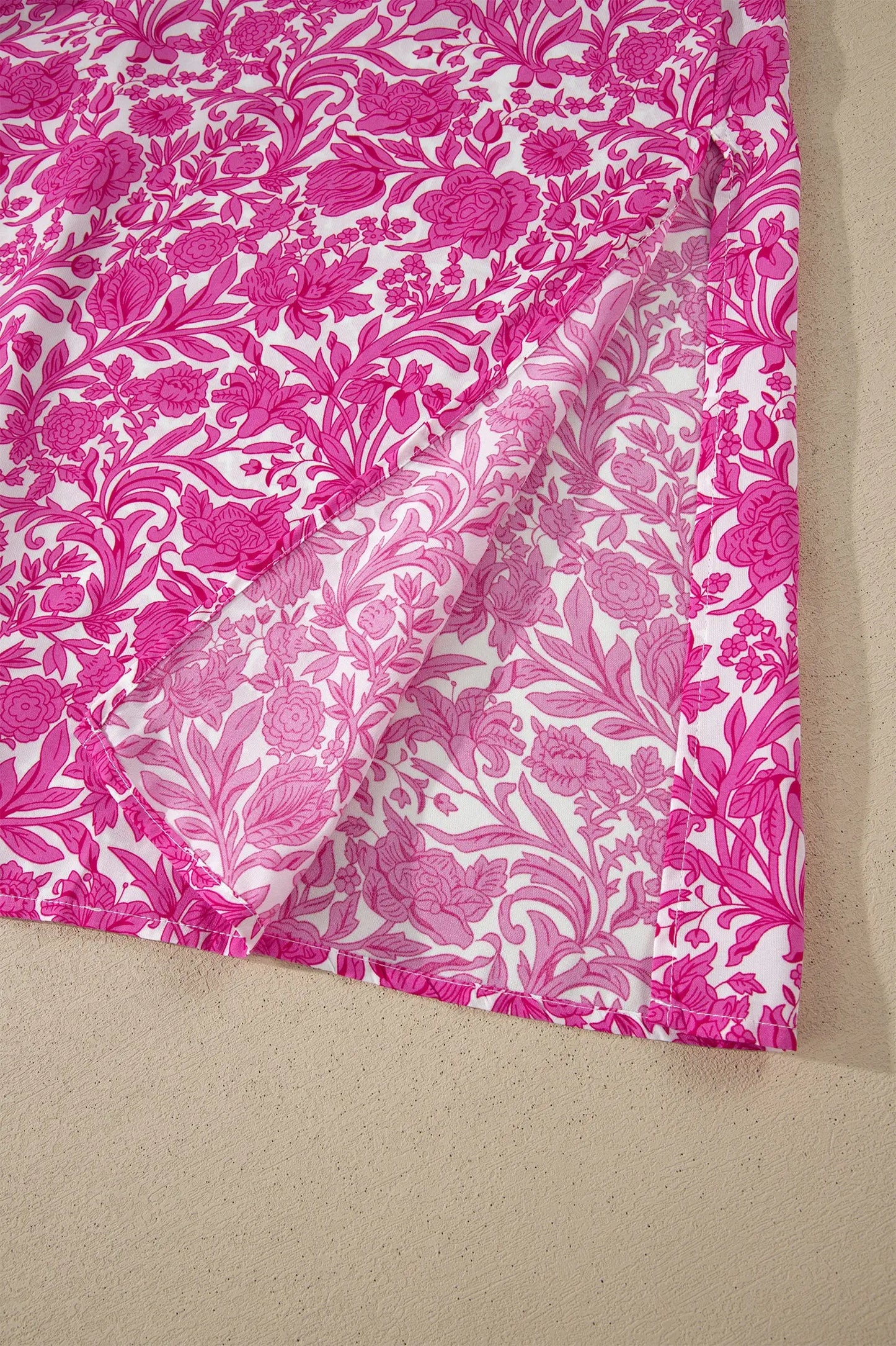 Pink Floral Print Color Block Patchwork V Neck Short Sleeve Midi Dress Nataliz