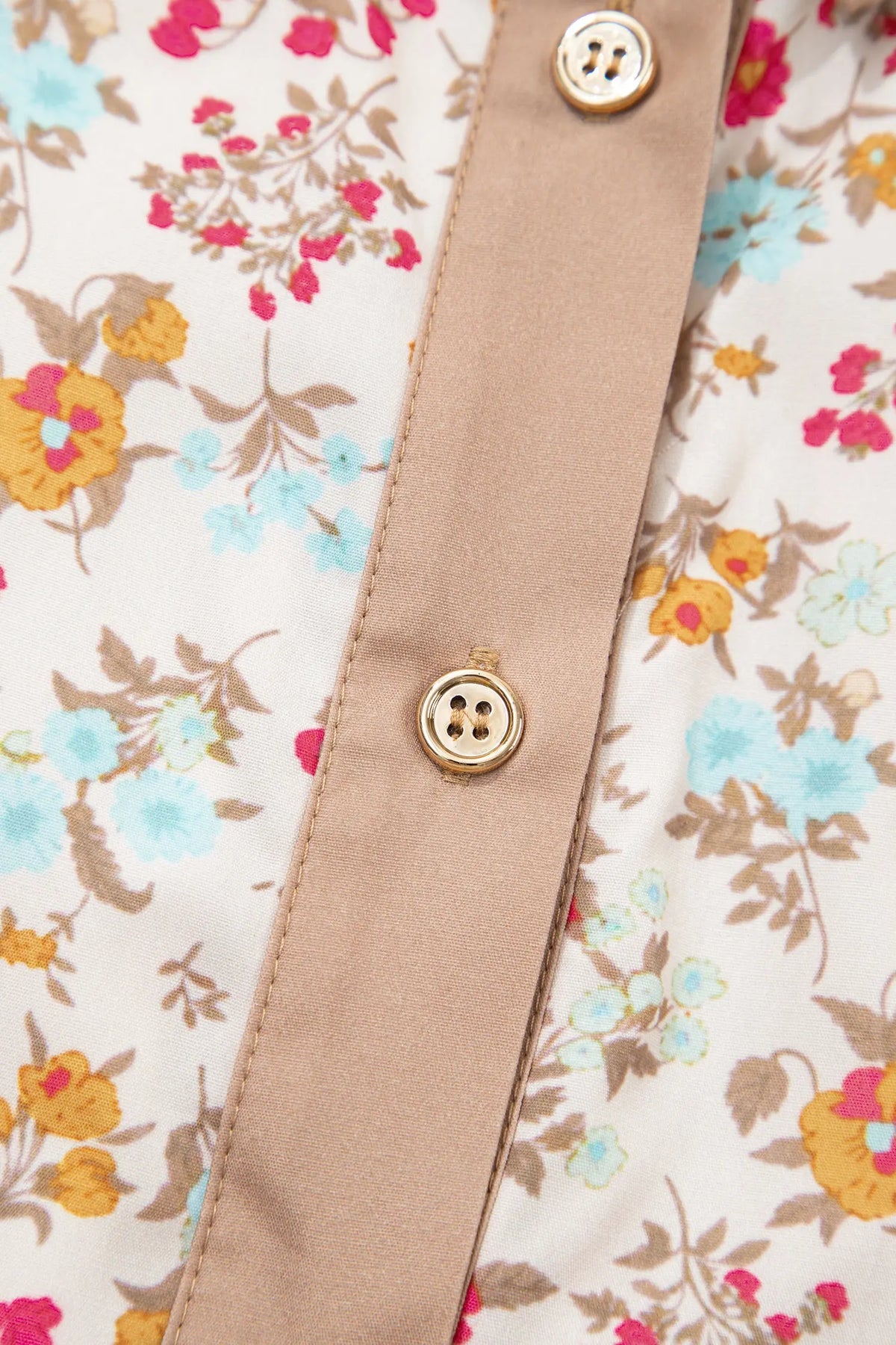 Orange Floral Print Button Down 3/4 Sleeve Belted Mini Dress button placket detail view · nz-alt-v1