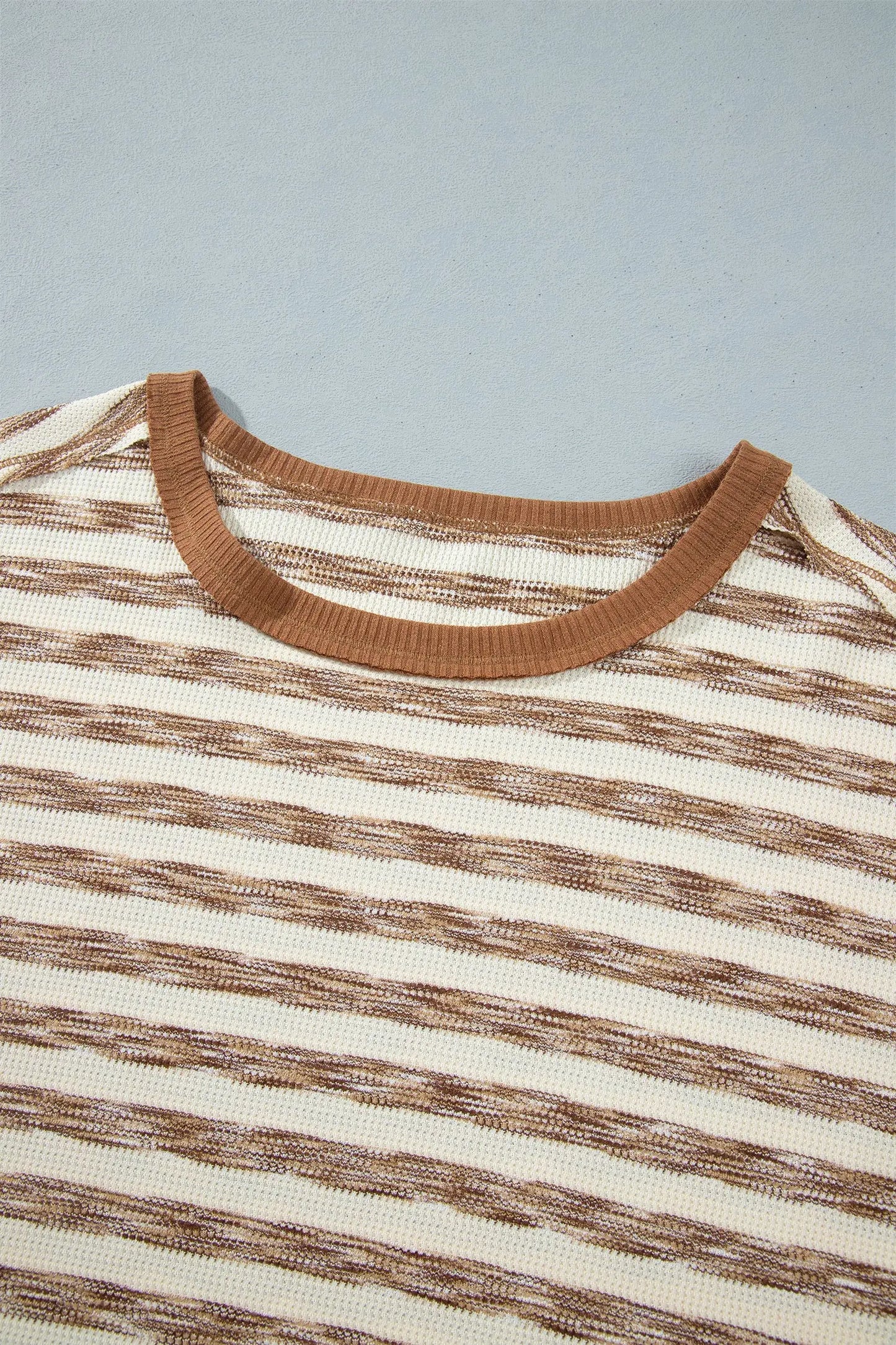 Brown Stripe Textured Knit Color Block Trim Long Sleeve Round Neck Top