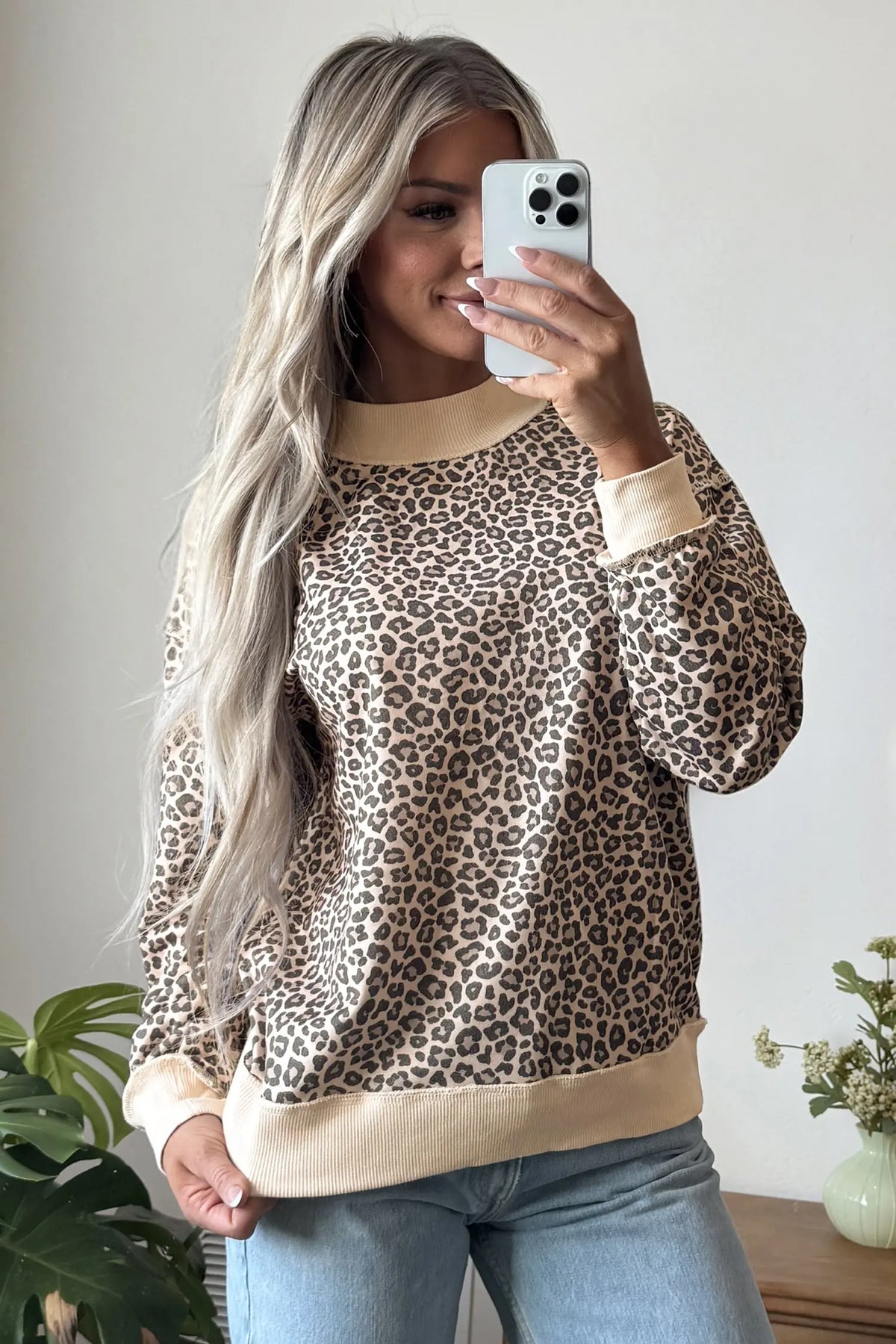 Brown Leopard Print High Neck Long Sleeve Ribbed Cuffs Hem Sweatshirt